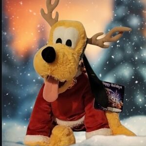 Vintage Disney Parks' Christmas Reindeer "Pluto" Plush Toy Faux Fur Jingle Bells